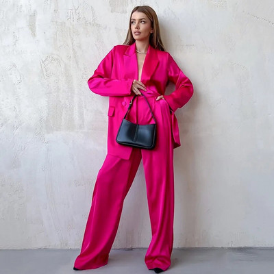 yuerwang Ženska odijela s hlačama Jesen 2023. Satenski jednobojni sako s dvostrukim kopčanjem Labavi ležerni kompleti dvodijelnih hlača dugih širokih nogavica