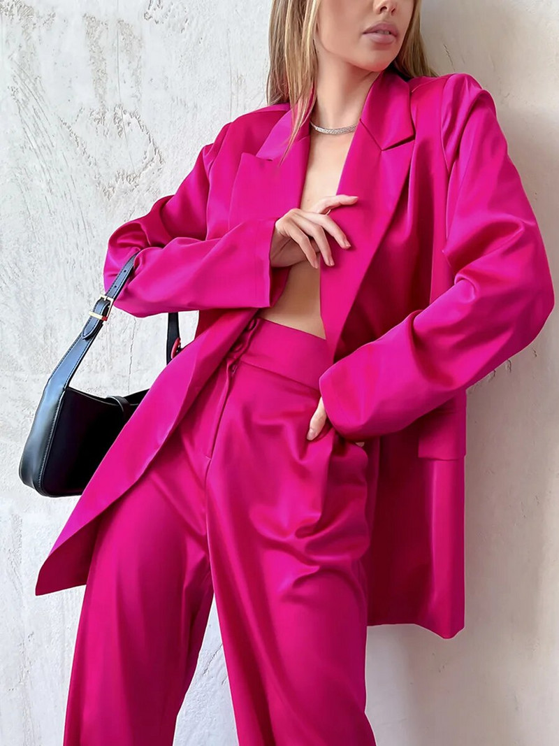 yuerwang Ženska odijela s hlačama Jesen 2023. Satenski jednobojni sako s dvostrukim kopčanjem Labavi ležerni kompleti dvodijelnih hlača dugih širokih nogavica