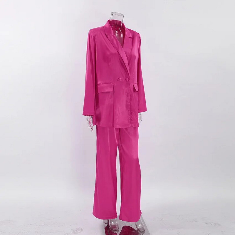 yuerwang Ženska odijela s hlačama Jesen 2023. Satenski jednobojni sako s dvostrukim kopčanjem Labavi ležerni kompleti dvodijelnih hlača dugih širokih nogavica