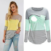Trudnička odjeća za žene, majice s dojenjem, pune rukave, pruge, kontrastne boje, majice za dojilje, trudnička odjeća 9001