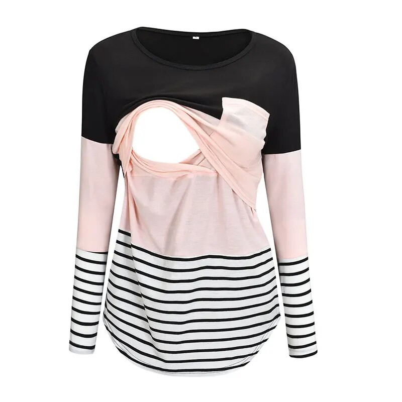Trudnička odjeća za žene, majice s dojenjem, pune rukave, pruge, kontrastne boje, majice za dojilje, trudnička odjeća 9001