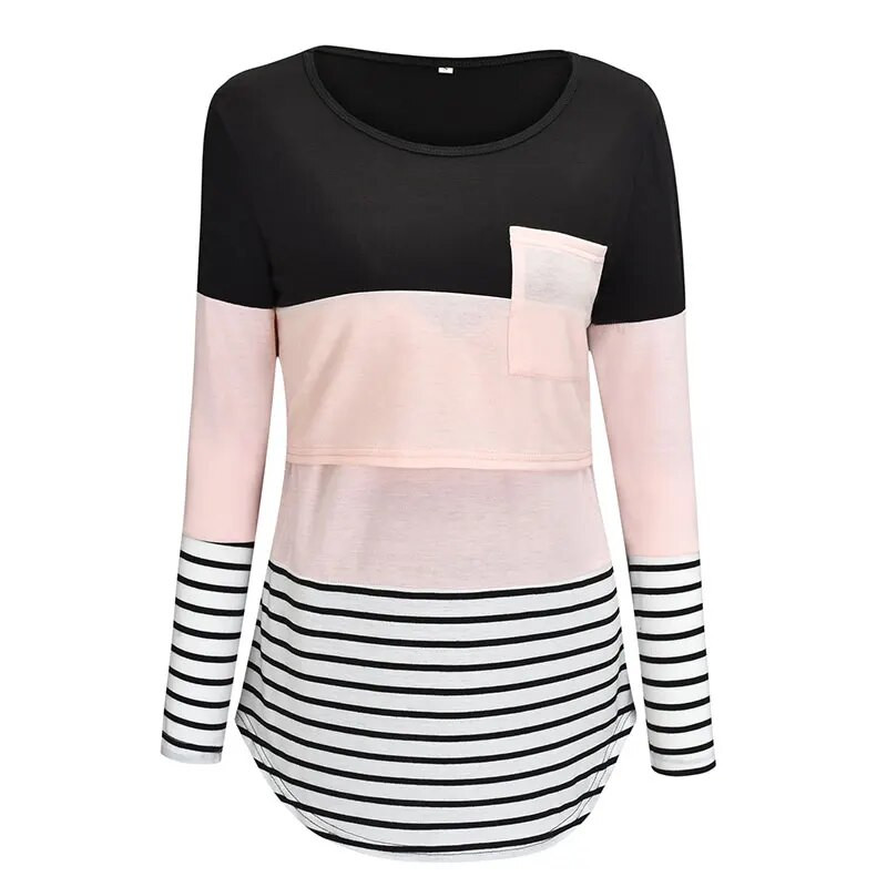 Trudnička odjeća za žene, majice s dojenjem, pune rukave, pruge, kontrastne boje, majice za dojilje, trudnička odjeća 9001