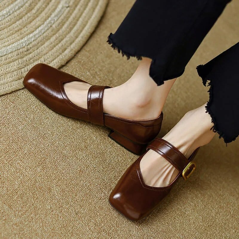 Női lapos Vintage Mary Jane Cipők Négyzet orrú alacsony sarkú ruha cipő csatos pántos bőr cipő női tavaszi ősz 1238N