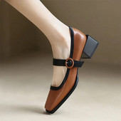 Nove ženske cipele Mary Jane Patchwork cipele s četvrtastim prstima Sveukupne cipele sa srednjom petom Elegantne ženske cipele Dizajner s okruglom kopčom 9895N