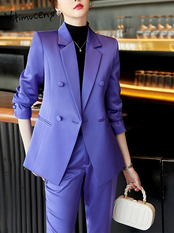 Yitimuceng Two Piece Sets Γυναικεία ρούχα 2023 Κομψά κοστούμια με διπλό στήθος Blazer μονόχρωμα κοστούμια με μολύβι