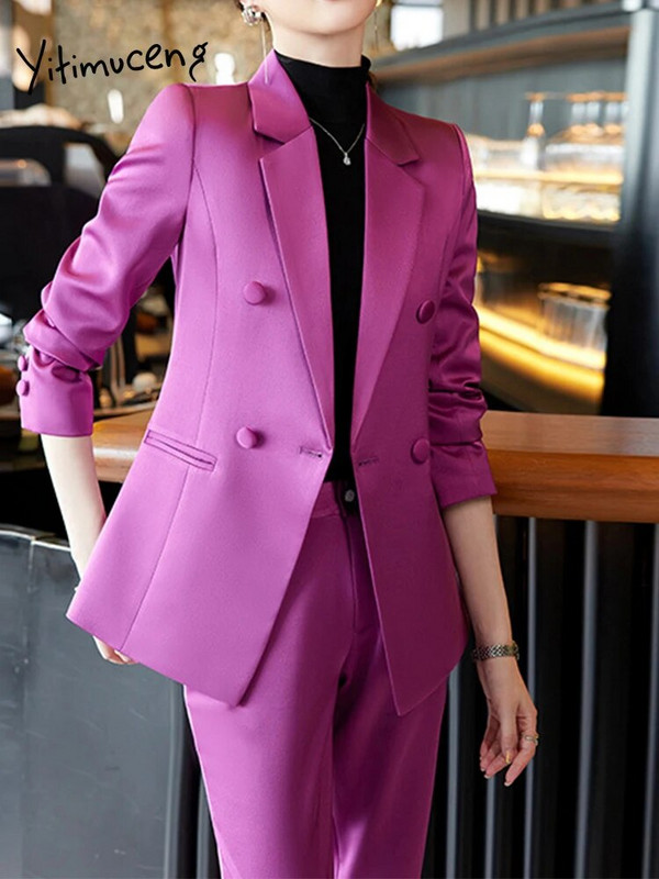 Yitimuceng divdaļīgie sieviešu tērpi, 2023. gada eleganti nolaižami apkakles divrindu žakete, kārtīgi ikdienas zīmuļu bikses