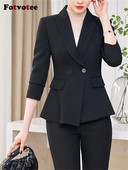 Fotvotee Jednobojni dvodijelni setovi Ženska odjeća 2023. Novi sako s dvostrukim kopčanjem dugih rukava Uredski ženski ležerni odijela s olovkom i hlačama