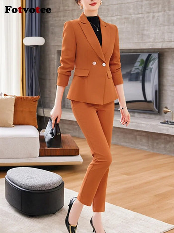 Fotvotee Solid Two Piece Σετ Γυναικεία ρούχα 2023 Νέα μακρυμάνικα διπλό ζιβάγκο Office Γυναικεία casual μολύβι παντελόνια