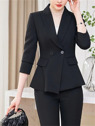 Fotvotee Jednobojni dvodijelni setovi Ženska odjeća 2023. Novi sako s dvostrukim kopčanjem dugih rukava Uredski ženski ležerni odijela s olovkom i hlačama