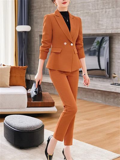 Fotvotee Jednobojni dvodijelni setovi Ženska odjeća 2023. Novi sako s dvostrukim kopčanjem dugih rukava Uredski ženski ležerni odijela s olovkom i hlačama