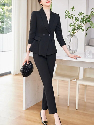 Fotvotee Jednobojni dvodijelni setovi Ženska odjeća 2023. Novi sako s dvostrukim kopčanjem dugih rukava Uredski ženski ležerni odijela s olovkom i hlačama