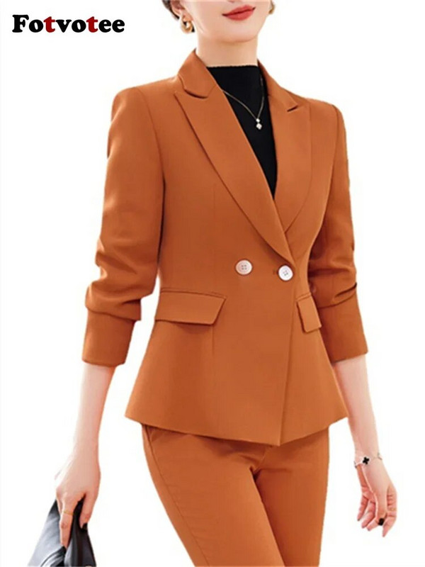 Fotvotee Jednobojni dvodijelni setovi Ženska odjeća 2023. Novi sako s dvostrukim kopčanjem dugih rukava Uredski ženski ležerni odijela s olovkom i hlačama