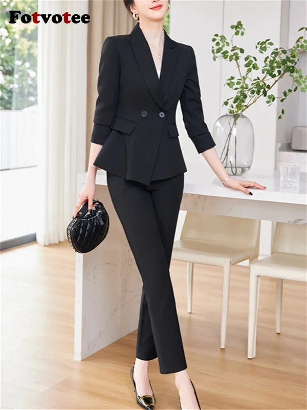 Fotvotee Jednobojni dvodijelni setovi Ženska odjeća 2023. Novi sako s dvostrukim kopčanjem dugih rukava Uredski ženski ležerni odijela s olovkom i hlačama