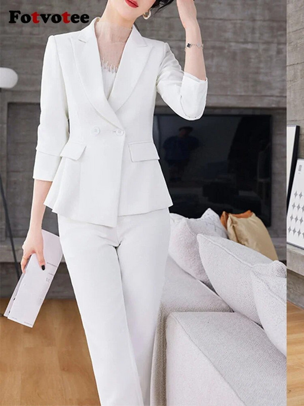 Fotvotee Jednobojni dvodijelni setovi Ženska odjeća 2023. Novi sako s dvostrukim kopčanjem dugih rukava Uredski ženski ležerni odijela s olovkom i hlačama