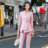 Chic ženski kompleti sakoa, jesen 2023., ružičaste, tanke, nepravilne jakne s pola rukava, formalne uredske dame, poslovni radni dvodijelni set
