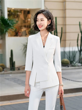 Κομψά γυναικεία blazer παντελόνια 2023 Φθινοπωρινό ροζ μισό μανίκι Λεπτά ακανόνιστα σακάκια Επίσημα Γραφείο Lady Business Work Σετ δύο τεμαχίων