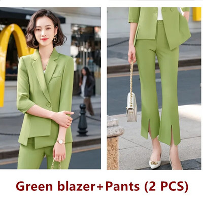 Chic ženski kompleti sakoa, jesen 2023., ružičaste, tanke, nepravilne jakne s pola rukava, formalne uredske dame, poslovni radni dvodijelni set