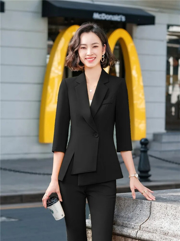 Chic ženski kompleti sakoa, jesen 2023., ružičaste, tanke, nepravilne jakne s pola rukava, formalne uredske dame, poslovni radni dvodijelni set