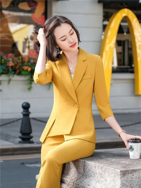 Chic ženski kompleti sakoa, jesen 2023., ružičaste, tanke, nepravilne jakne s pola rukava, formalne uredske dame, poslovni radni dvodijelni set