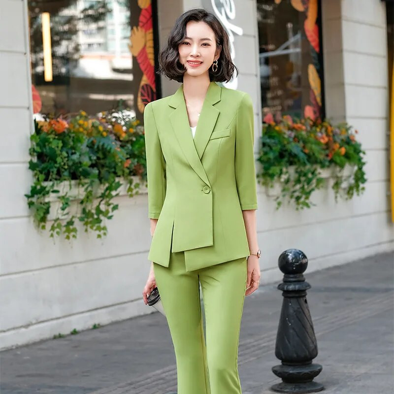 Chic ženski kompleti sakoa, jesen 2023., ružičaste, tanke, nepravilne jakne s pola rukava, formalne uredske dame, poslovni radni dvodijelni set