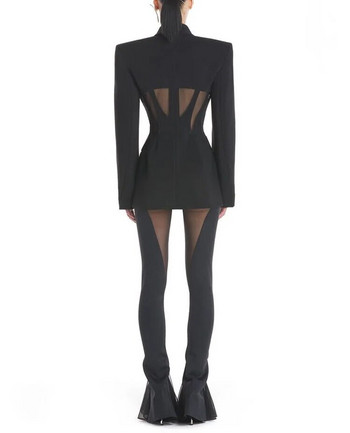 Νέο σέξι μαύρο πάρτι 2023 Mesh Splicing Κοστούμι blazer Slim Fit Mesh Splicing Παντελόνι σε όλο το μήκος Γυναικείο
