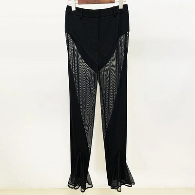 2023. Novi seksi crni party Perspective Mesh Splicing Slim Fit Blazer odijelo Mesh Splicing Full Length Flare Pants Outfit Women
