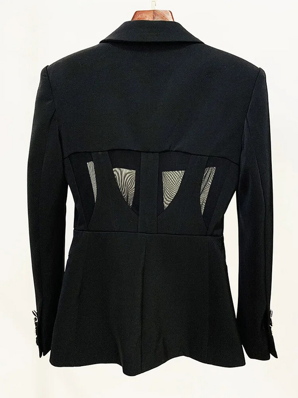 2023. Novi seksi crni party Perspective Mesh Splicing Slim Fit Blazer odijelo Mesh Splicing Full Length Flare Pants Outfit Women