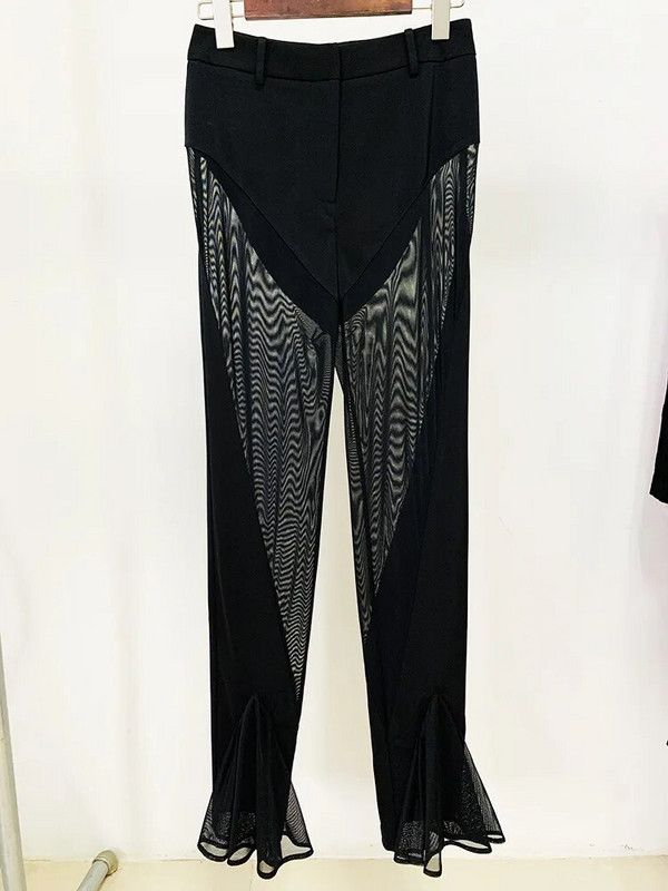 2023. Novi seksi crni party Perspective Mesh Splicing Slim Fit Blazer odijelo Mesh Splicing Full Length Flare Pants Outfit Women