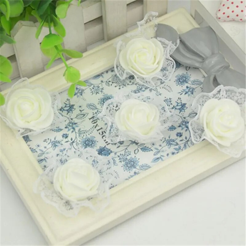 50gab 3cm mākslīgās mini PE putu mežģīņu rožu ziedi galva kāzu ballīšu dekorēšanai ar rokām darināti vītnes amatniecības viltotie ziedi