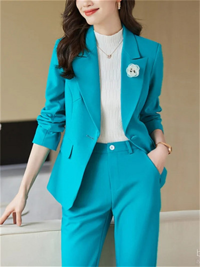 Yitimuceng Jednobojni dvodijelni setovi Ženska odjeća 2023. Uredska ženska ležerna jakna s otvorenim ovratnikom Uredska dama široka odijela s hlačama