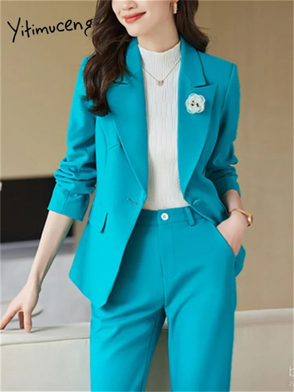 Yitimuceng Jednobojni dvodijelni setovi Ženska odjeća 2023. Uredska ženska ležerna jakna s otvorenim ovratnikom Uredska dama široka odijela s hlačama