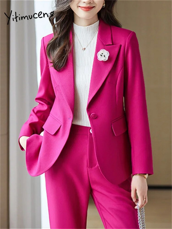 Yitimuceng Jednobojni dvodijelni setovi Ženska odjeća 2023. Uredska ženska ležerna jakna s otvorenim ovratnikom Uredska dama široka odijela s hlačama