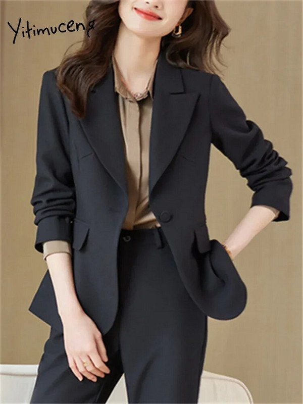 Yitimuceng Jednobojni dvodijelni setovi Ženska odjeća 2023. Uredska ženska ležerna jakna s otvorenim ovratnikom Uredska dama široka odijela s hlačama