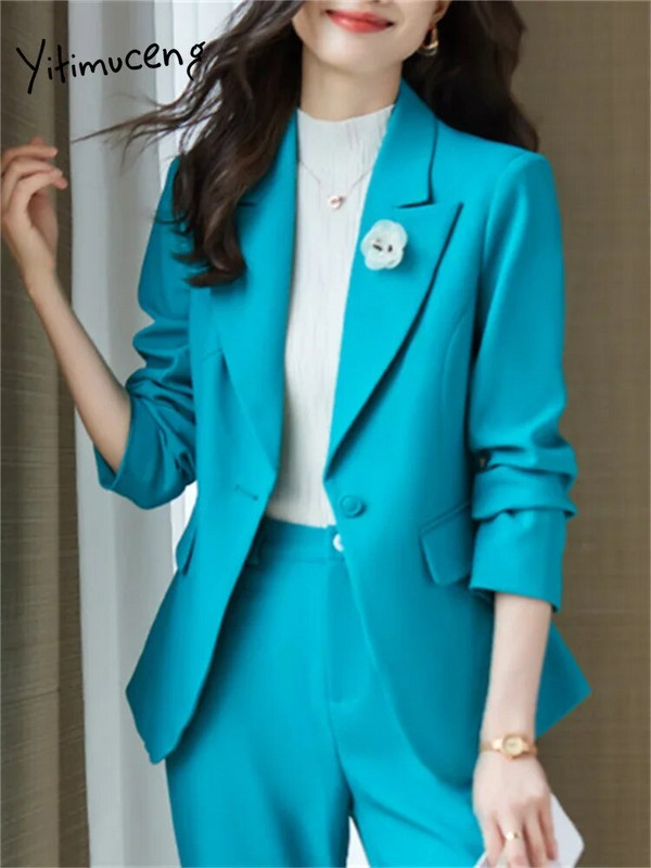 Yitimuceng Jednobojni dvodijelni setovi Ženska odjeća 2023. Uredska ženska ležerna jakna s otvorenim ovratnikom Uredska dama široka odijela s hlačama