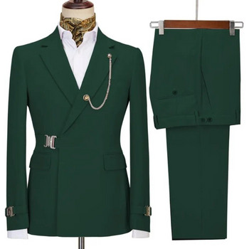 Дизайн на зелен колан Двуредни мъжки костюми Панталони от 2 части Последен дизайн Сватбени костюми Абитуриентски смокинги за младоженеца Комплект блейзъри