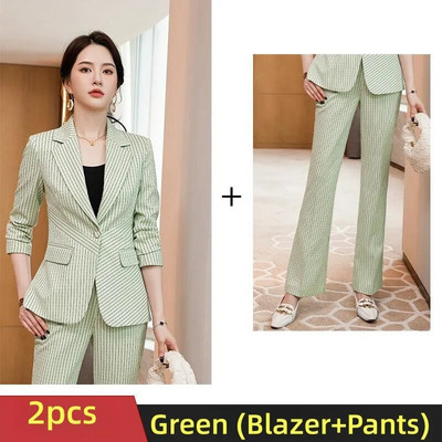 2023 Jesen Zima Elegantni bijeli ružičasti zeleni prugasti poslovni sakoi Ženska profesionalna radna odijela OL stilovi Grupe hlača