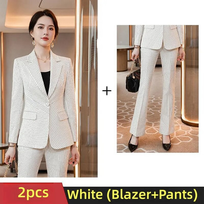 2023 Jesen Zima Elegantni bijeli ružičasti zeleni prugasti poslovni sakoi Ženska profesionalna radna odijela OL stilovi Grupe hlača