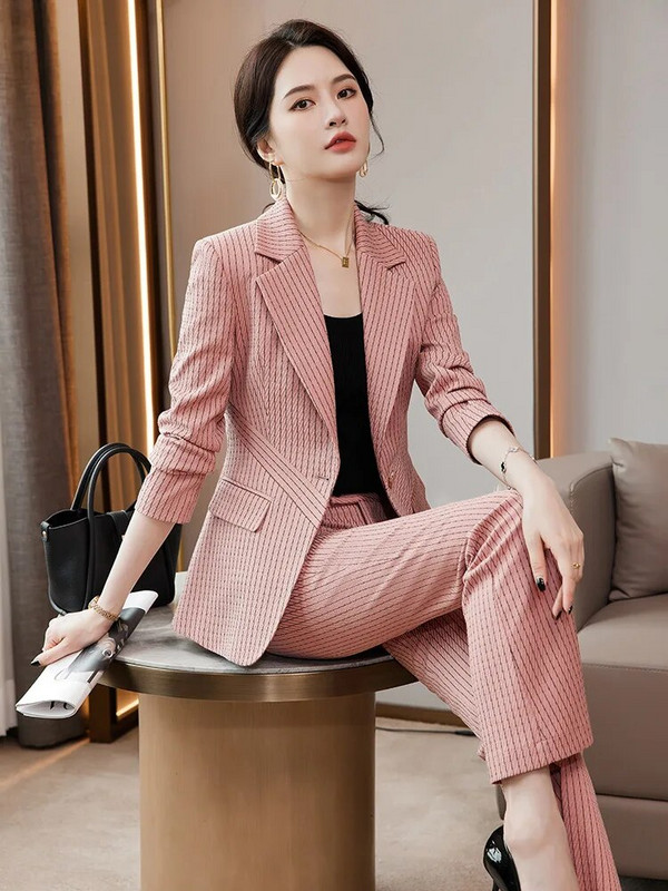 2023 Jesen Zima Elegantni bijeli ružičasti zeleni prugasti poslovni sakoi Ženska profesionalna radna odijela OL stilovi Grupe hlača