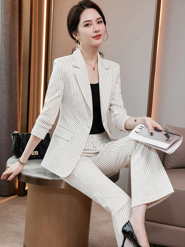 2023 Jesen Zima Elegantni bijeli ružičasti zeleni prugasti poslovni sakoi Ženska profesionalna radna odijela OL stilovi Grupe hlača