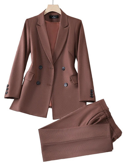 Naujas moteriškas dviejų dalių kostiumas, rudeninis žiemos pilkas juodas oranžinis moteriškas švarkas su kelnėmis, kostiumas biuro moteriškai oficialaus verslo kostiumo rinkinys