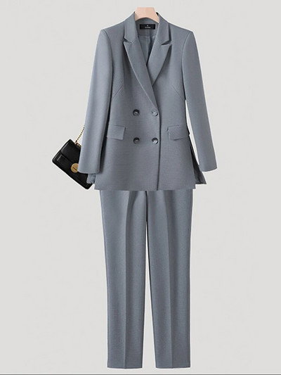 Naujas moteriškas dviejų dalių kostiumas, rudeninis žiemos pilkas juodas oranžinis moteriškas švarkas su kelnėmis, kostiumas biuro moteriškai oficialaus verslo kostiumo rinkinys