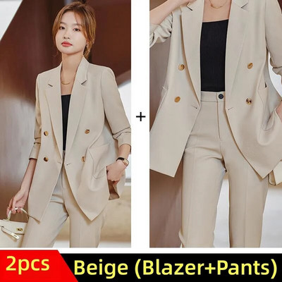 Kávés bézs fekete női formális nadrágszettek Női dzseki és nadrág Női munkaruha 2 részes blézer szett őszi télre