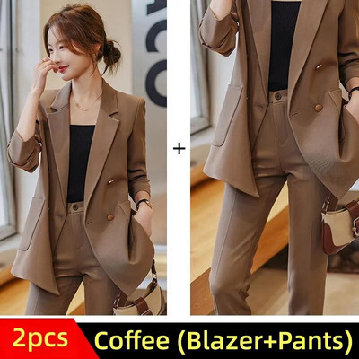Kávés bézs fekete női formális nadrágszettek Női dzseki és nadrág Női munkaruha 2 részes blézer szett őszi télre