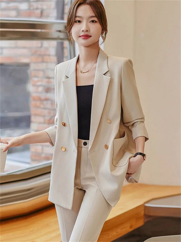 Kávés bézs fekete női formális nadrágszettek Női dzseki és nadrág Női munkaruha 2 részes blézer szett őszi télre