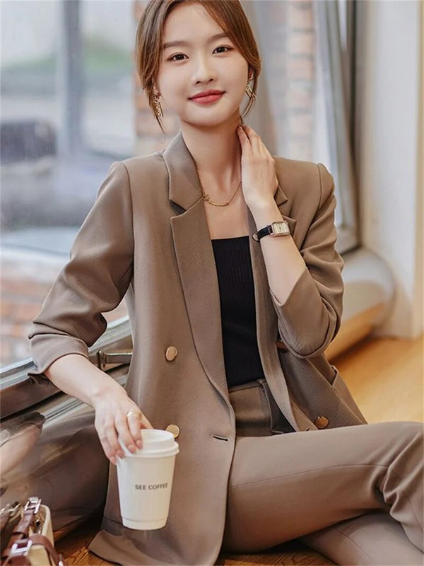 Kávés bézs fekete női formális nadrágszettek Női dzseki és nadrág Női munkaruha 2 részes blézer szett őszi télre