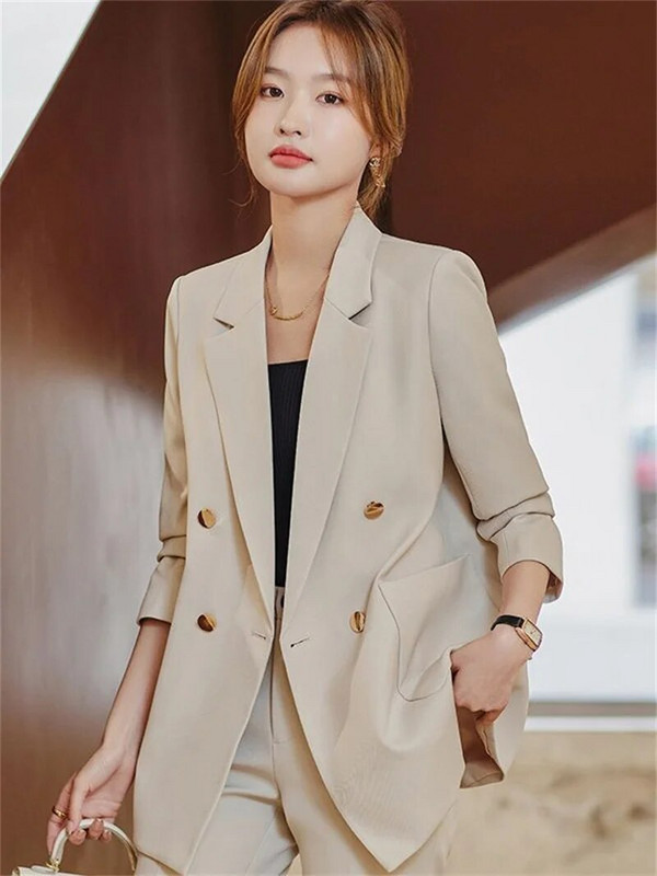 Kávés bézs fekete női formális nadrágszettek Női dzseki és nadrág Női munkaruha 2 részes blézer szett őszi télre