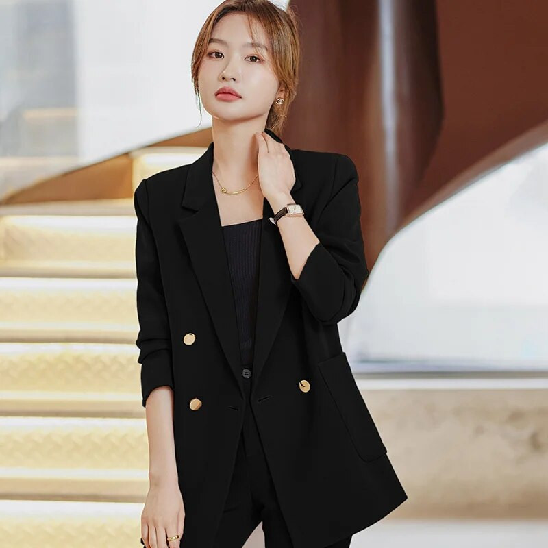 Kávés bézs fekete női formális nadrágszettek Női dzseki és nadrág Női munkaruha 2 részes blézer szett őszi télre