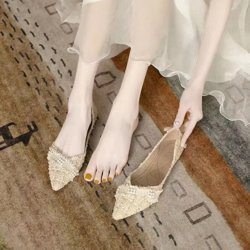 Naistekingad 2023 Kvaliteetsed libistatavad naistejalatsid, suvised naistejalatsid, terava varbaga nööriga helmed, pehme põhjaga naistejalatsid