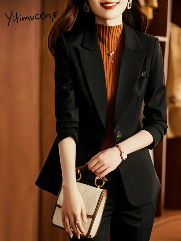 Yitimuceng jednobojni dvodijelni setovi ženske odjeće 2023. Elegantna uredska ženska jakna s otvorenim ovratnikom Nova modna ležerna odijela s hlačama
