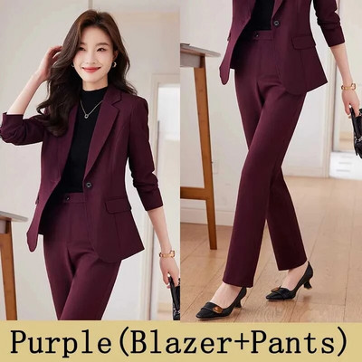 Novi ženski svečani kompleti hlača iz 2023. Ženski žuto-ljubičasto-crveni crni sako sako Hlače za uredske dame Poslovna radna odjeća Set od 2 komada